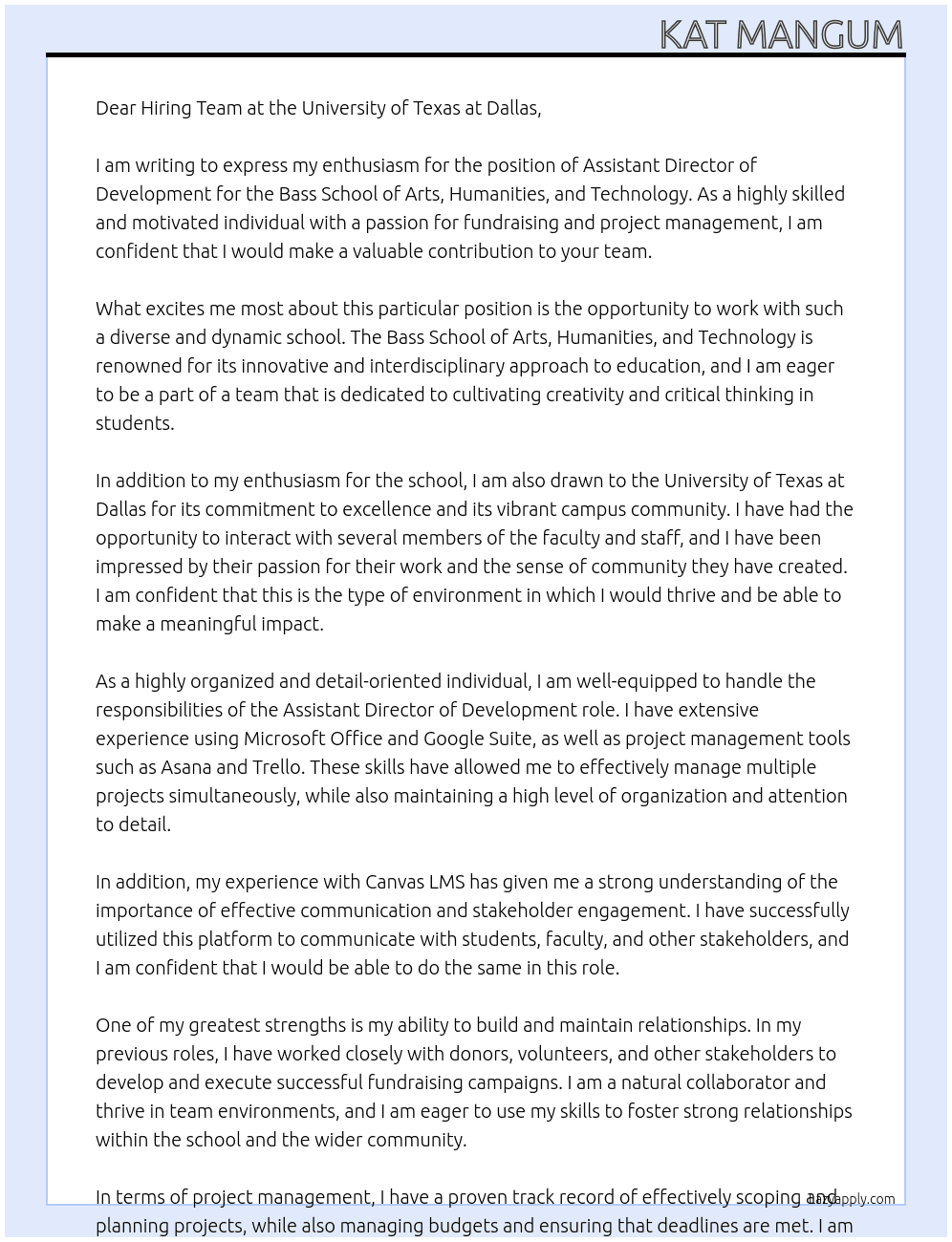 Assistant Director of Development, Bass School of Arts, Humanities, and Technology At University of Texas at Dallas Cover Letter