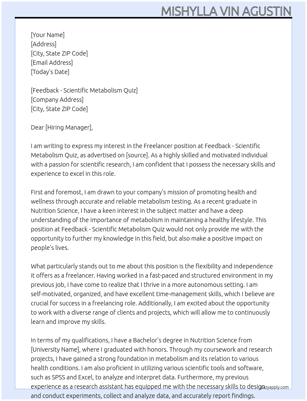 Cover letter for freeelancer - LazyApply