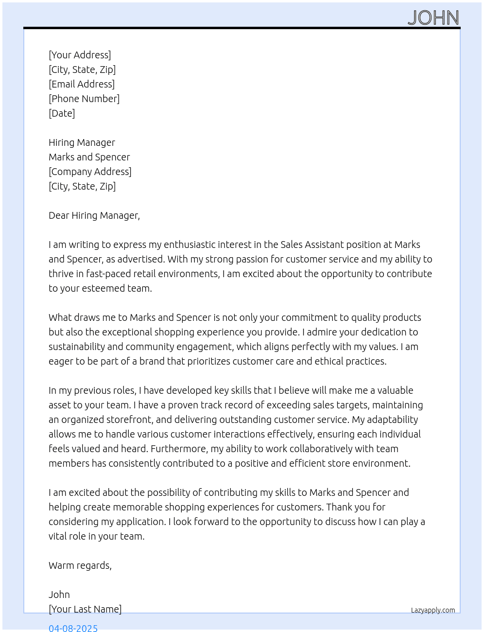 sales assistant At Marks and spencer Cover Letter
