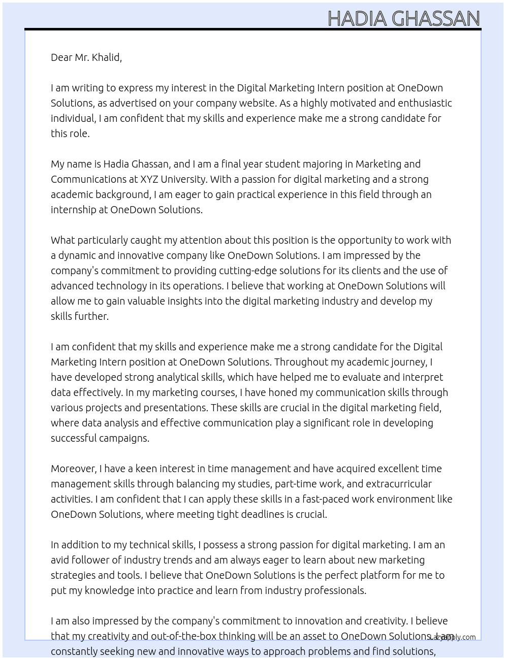 Digital Marketing Intern At OneDown Solutions Cover Letter