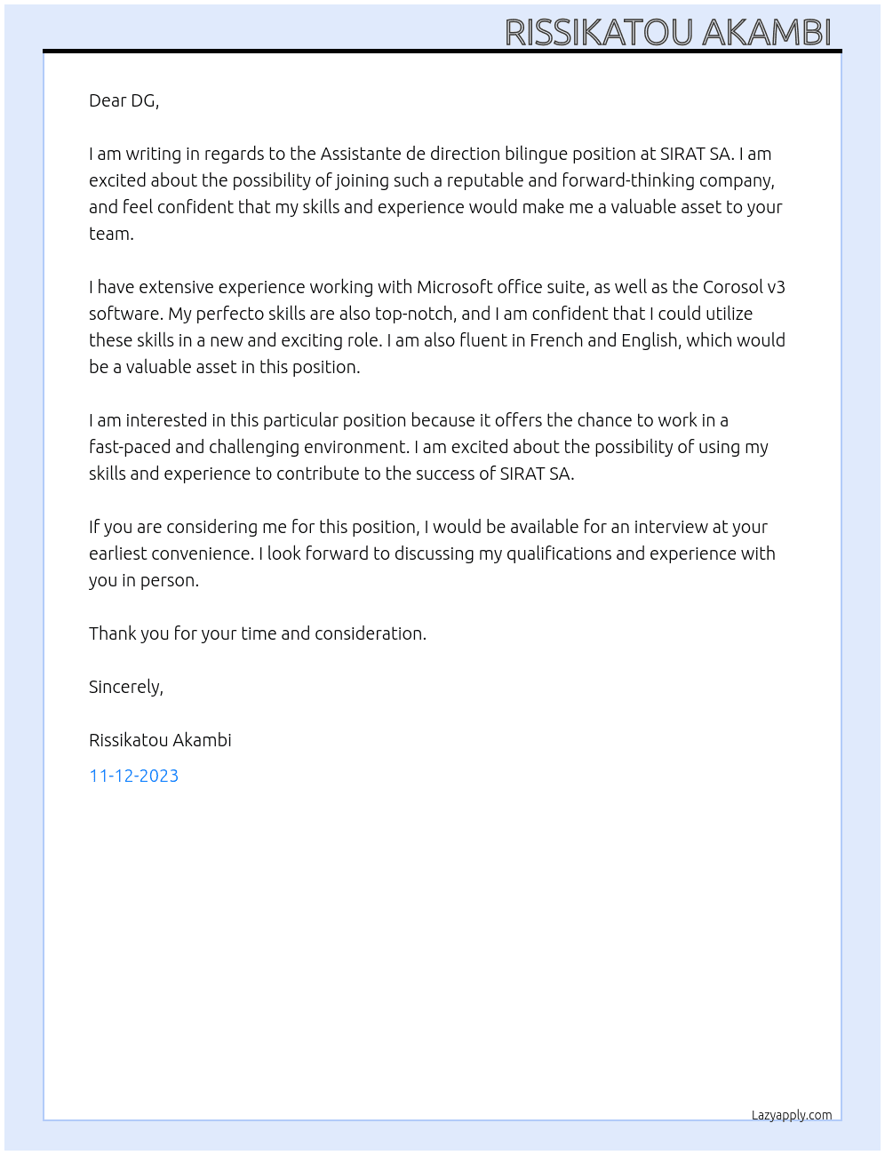 Assistante de direction bilingue At SIRAT SA Cover Letter