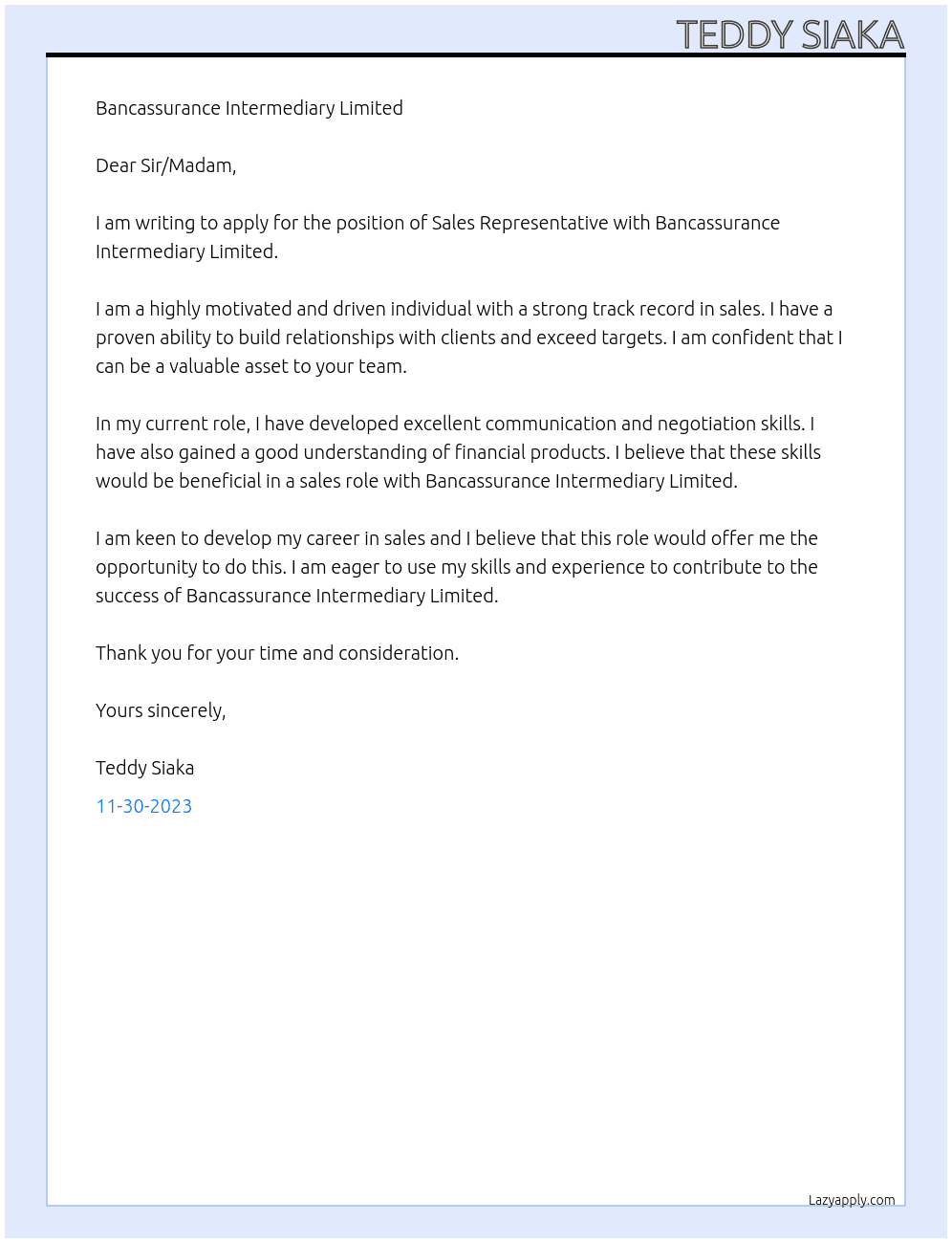 sale representative At kcb Cover Letter