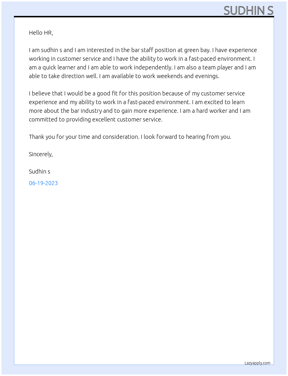 bar staff At green bay Cover Letter