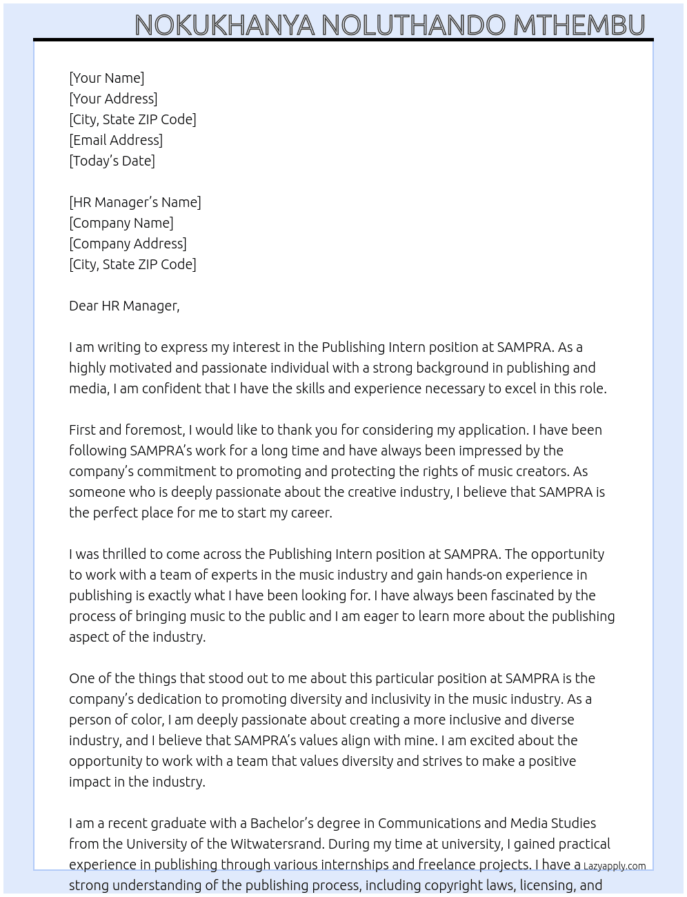Publishing Intern At SAMPRA Cover Letter