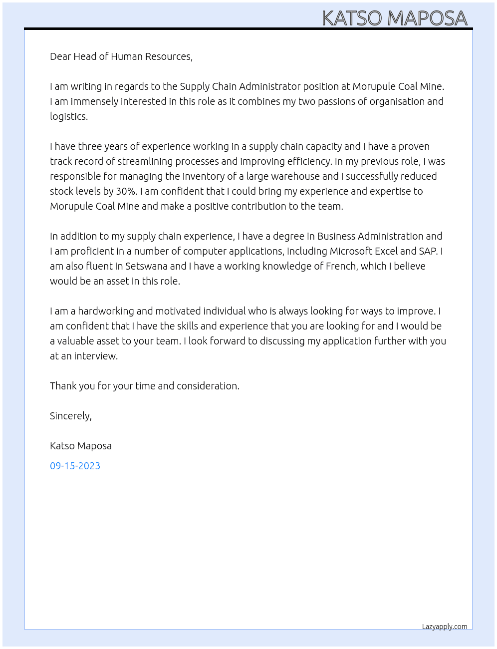 SUPPLY CHAIN ADMINISTRATOR At MORUPULE COAL MINE Cover Letter