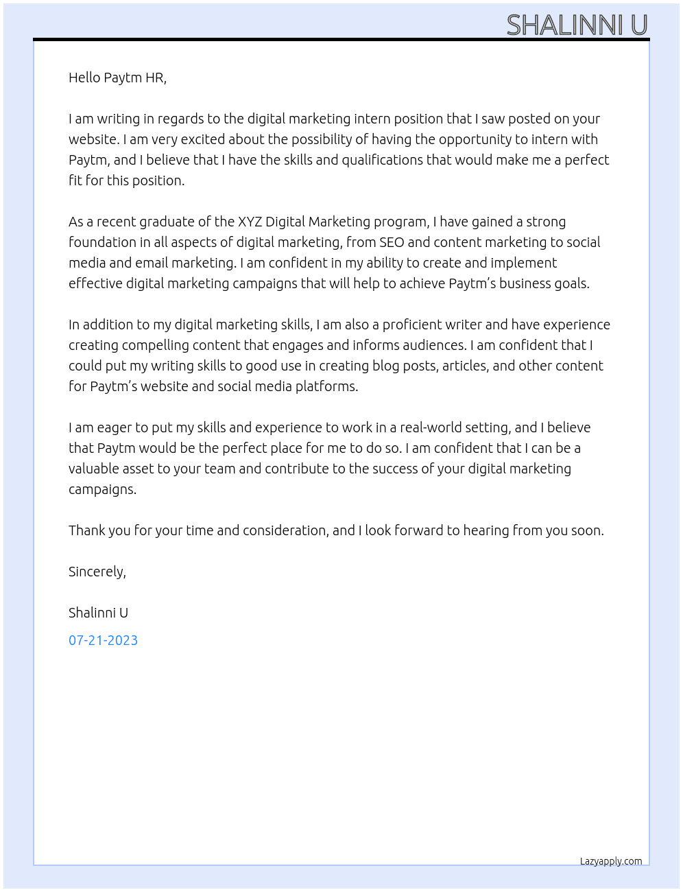 Digital marketing intern At paytym Cover Letter