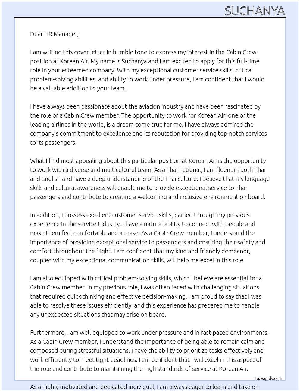 Cabin crew At Korean air Cover Letter