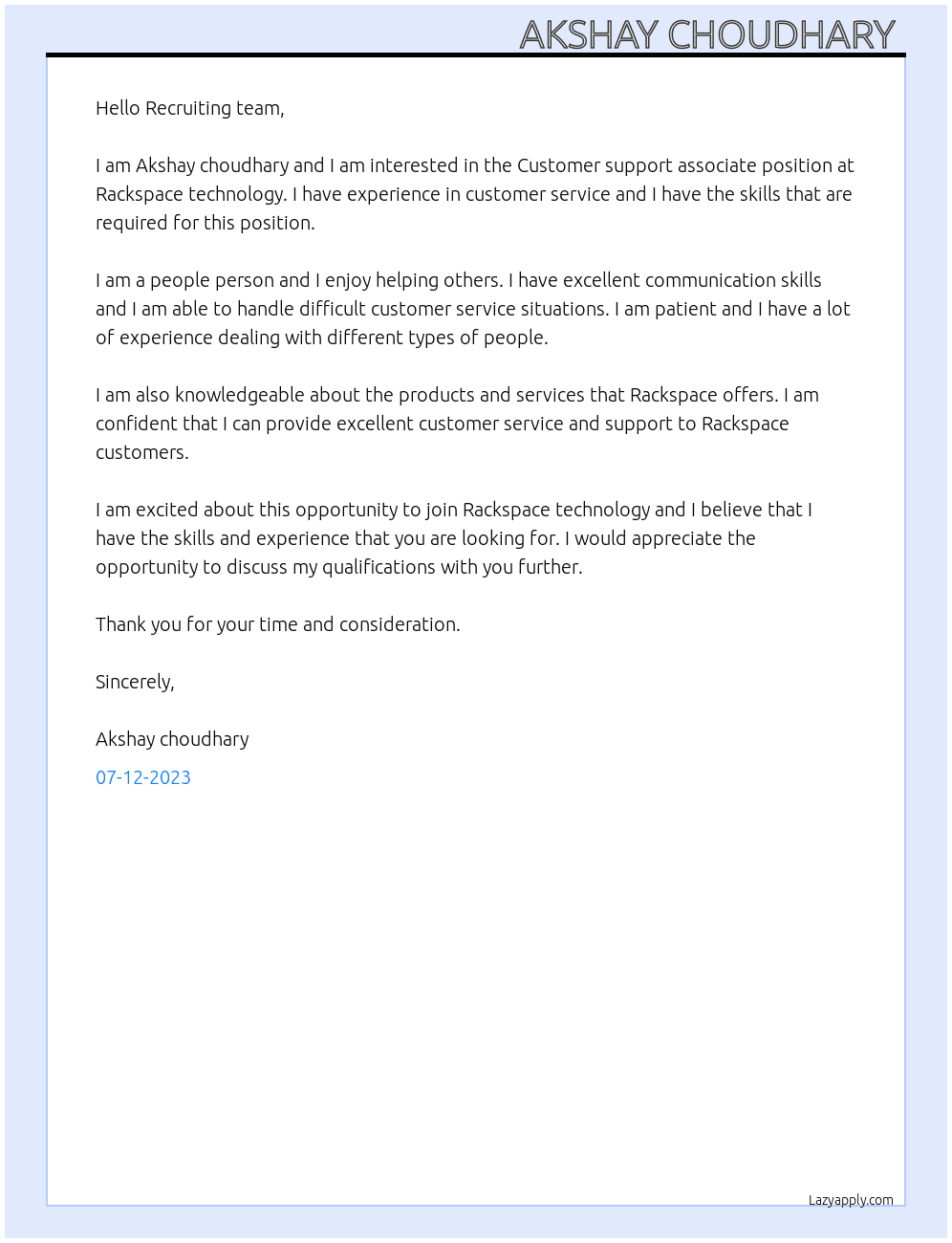 Customer support associate  At Rackspace technology  Cover Letter