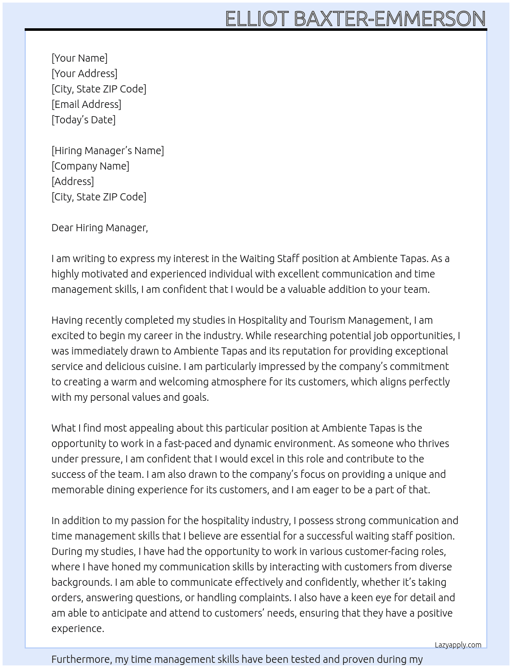 Waiting Staff At Ambiente Tapas Cover Letter