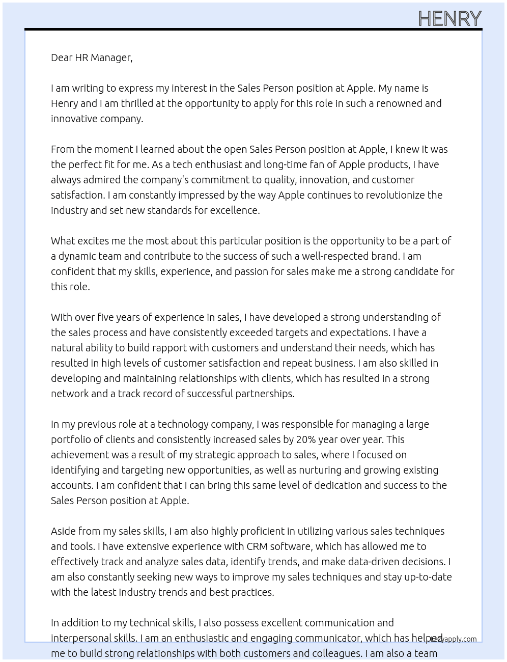 Sales person At Apple Cover Letter