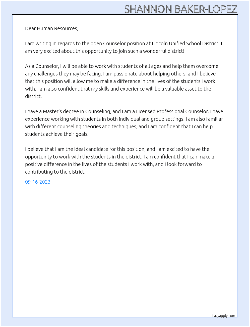 Counselor  At Lincoln Unified School District  Cover Letter
