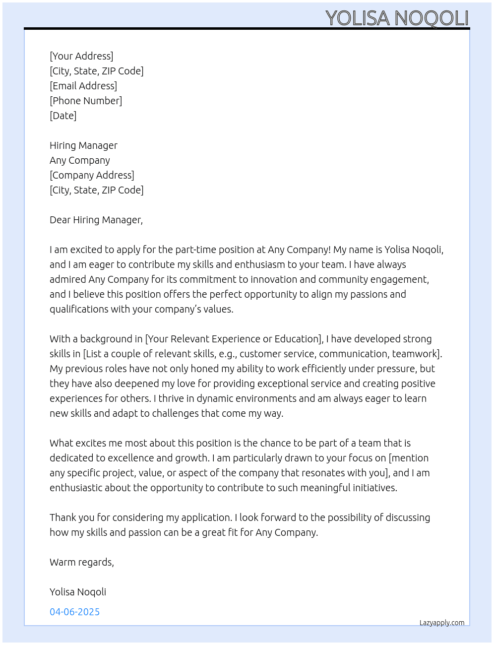 Cover letter for part time job - LazyApply