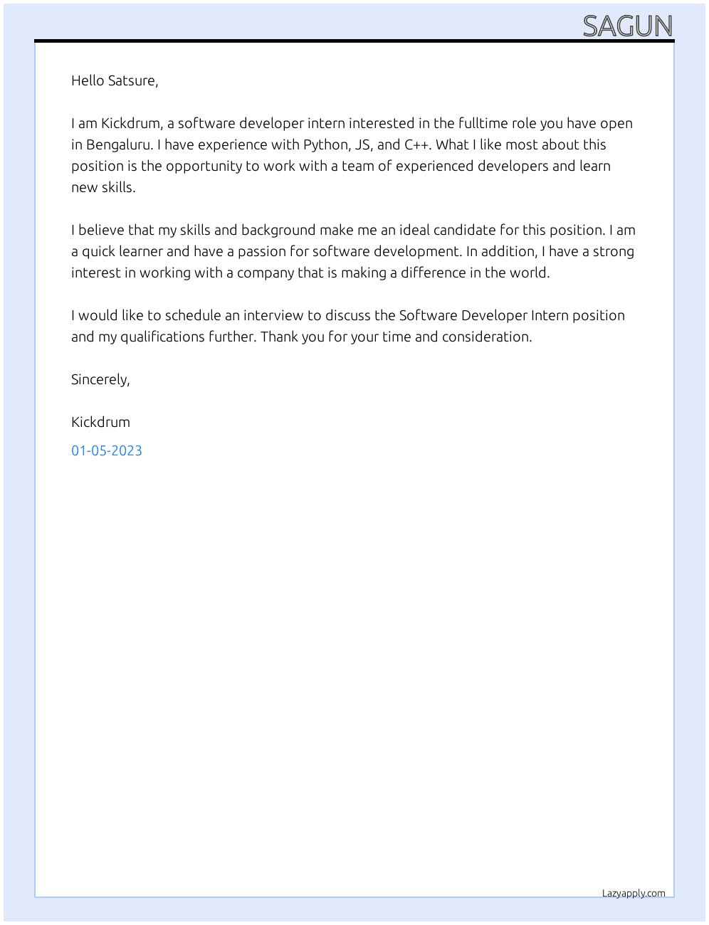 Software Developer Intern At Satsure Cover Letter
