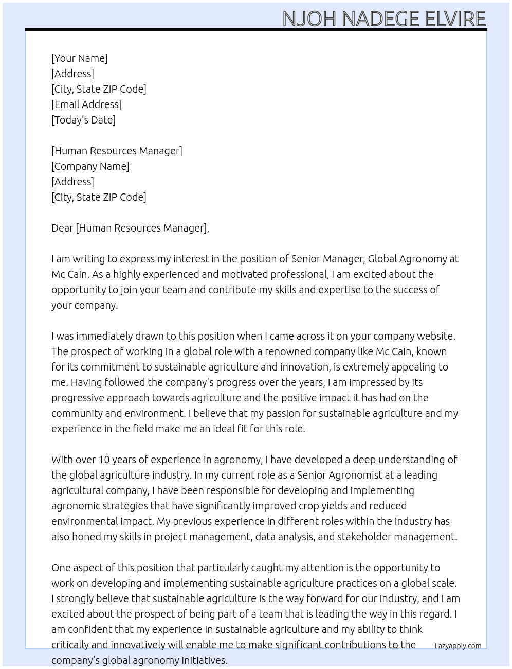 Senior Manager, Global Agronomy At Mc Cain Cover Letter