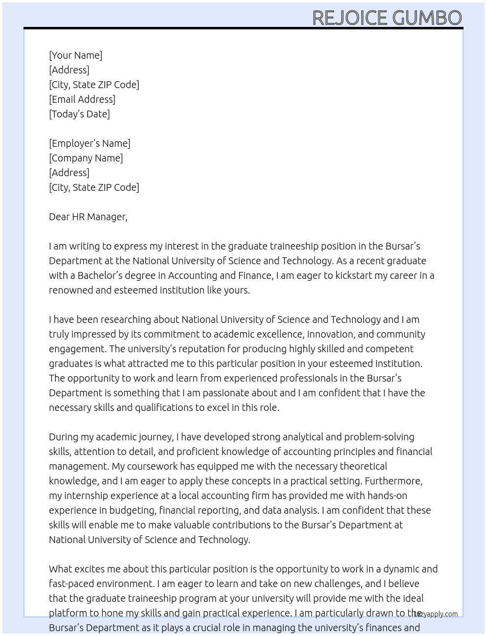 graduate traineeship in bursar's department At National university of science and technology Cover Letter