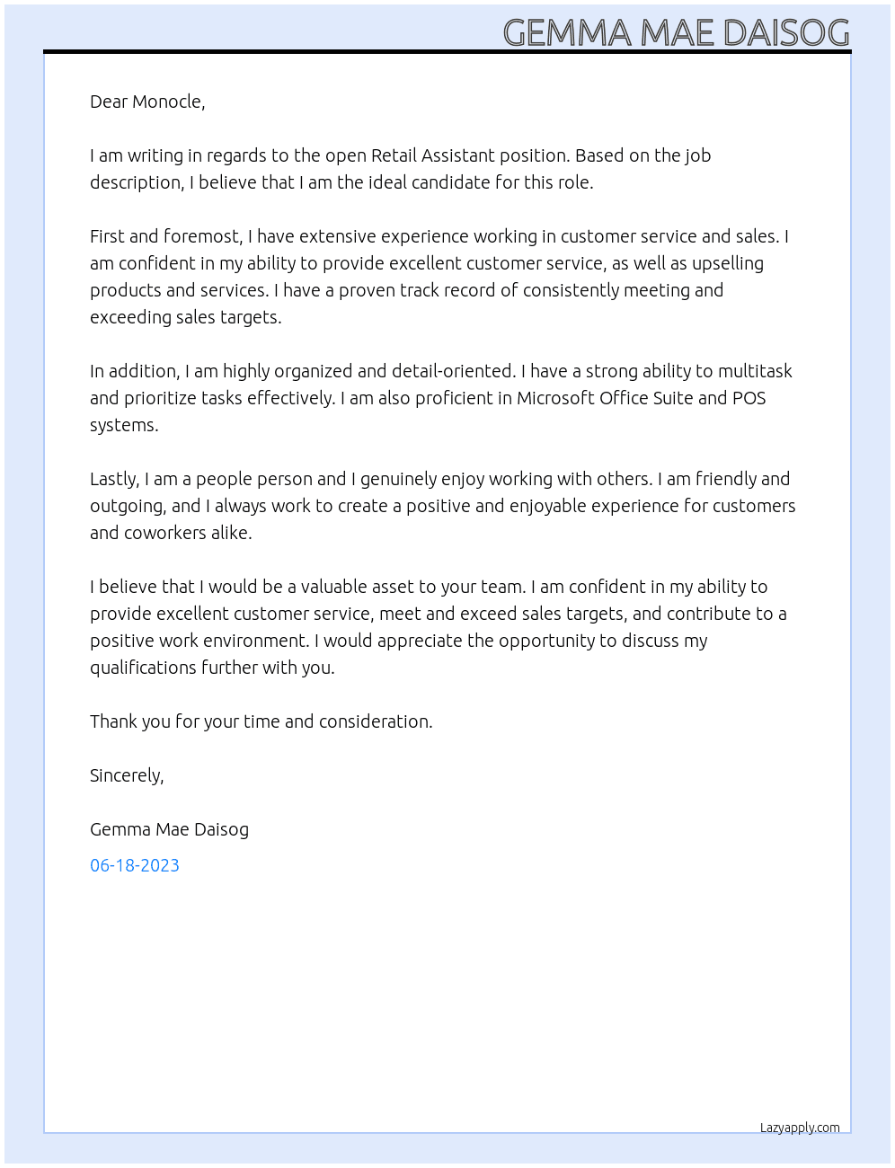 Retail assistant At Monocle Cover Letter