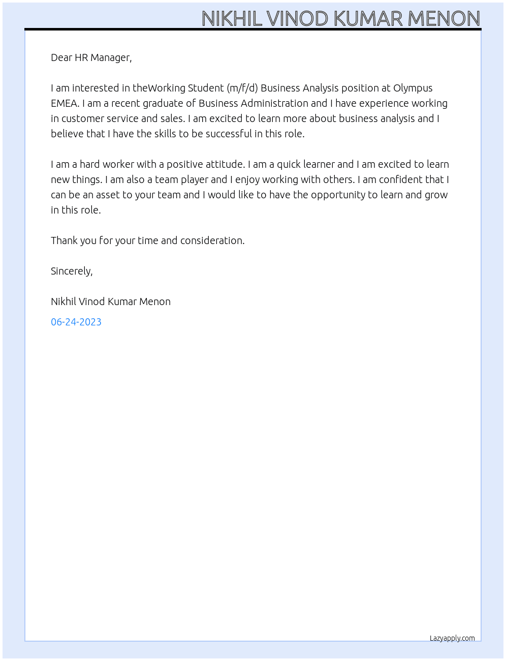 Working Student (m/f/d) Business Analysis At Olympus EMEA Cover Letter