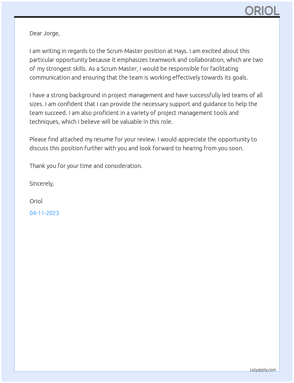 Scrum Master At Hays Cover Letter