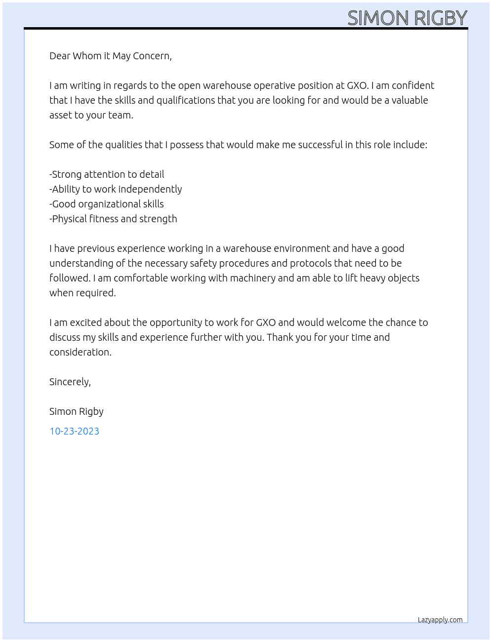 Warehouse operative At GXO Cover Letter