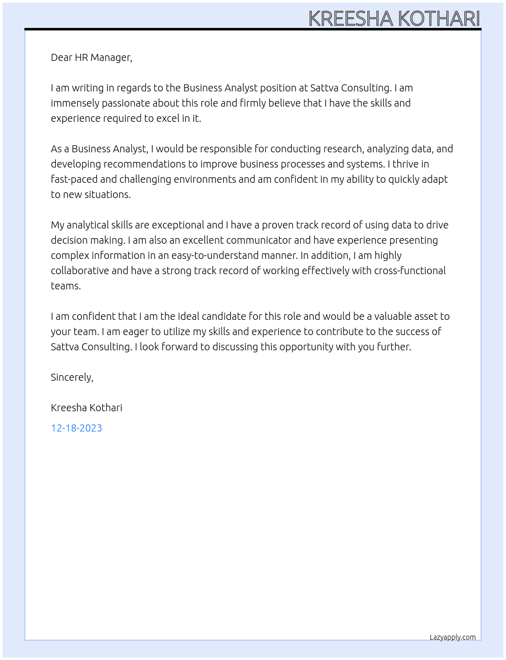Business Analyst At Sattva Consulting Cover Letter