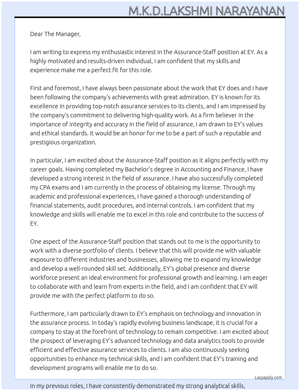 Cover letter for assurance-staff - LazyApply