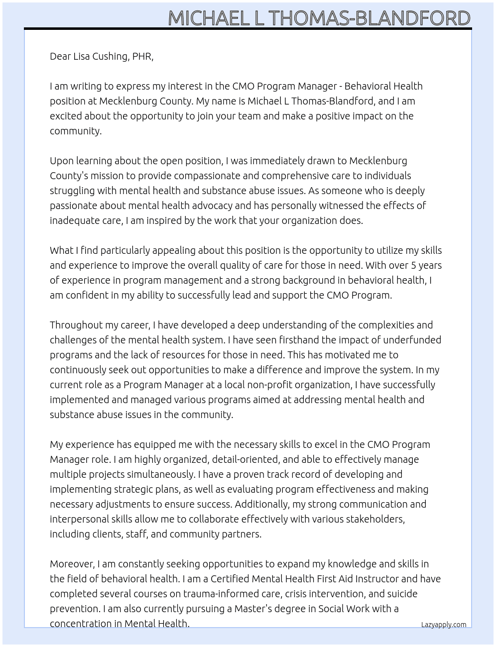 CMO Program Manager - Behavioral Health At Mecklenburg County Cover Letter