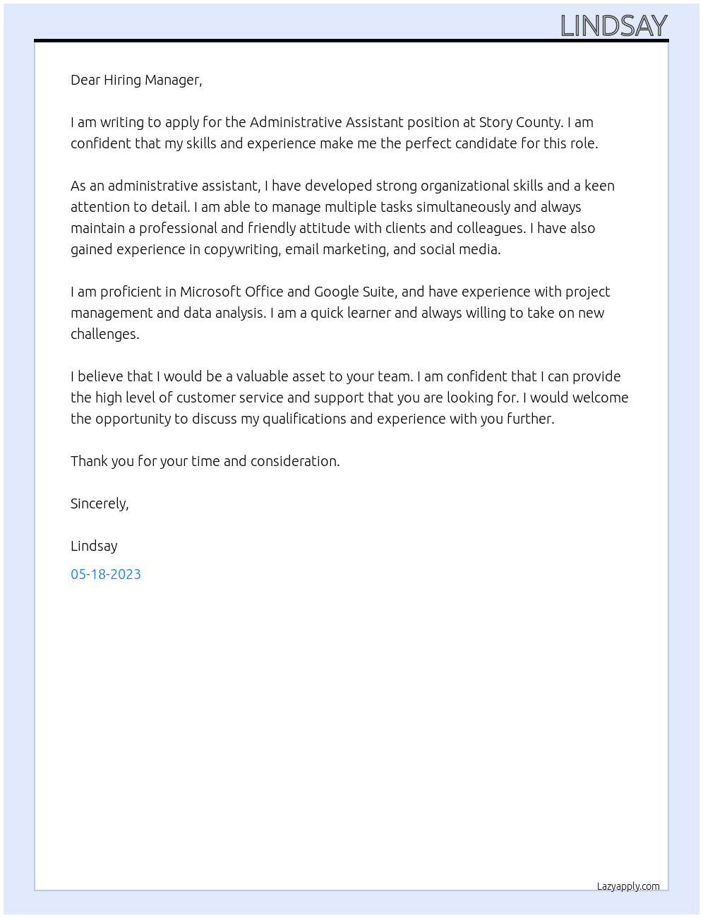 Administrative Assistant At Story County Cover Letter