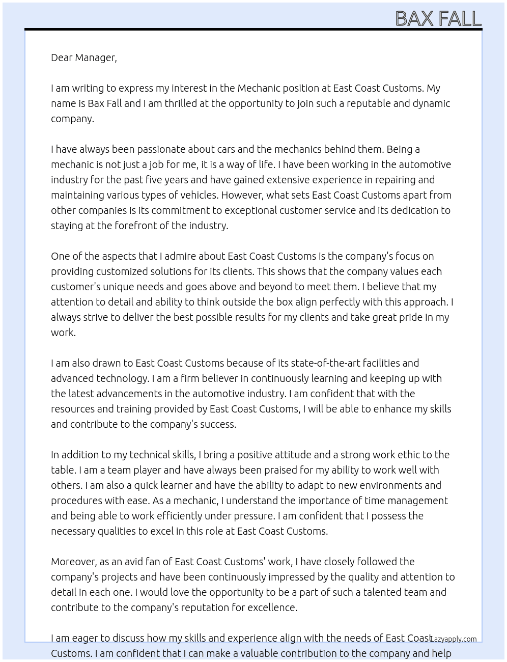 Mechanic At East Coast Customs  Cover Letter