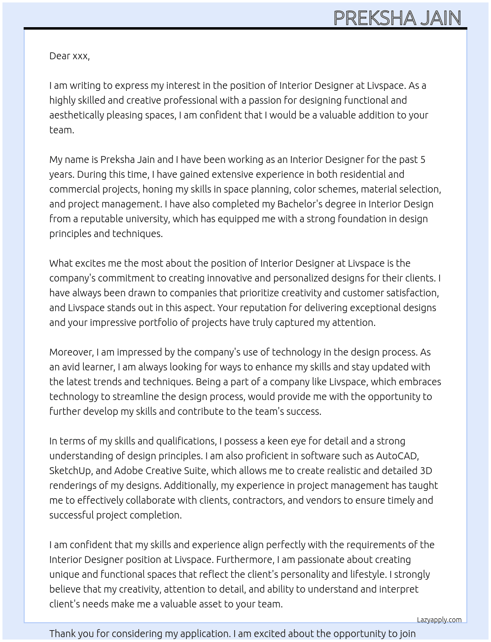 Interior Designer  At Livspace  Cover Letter