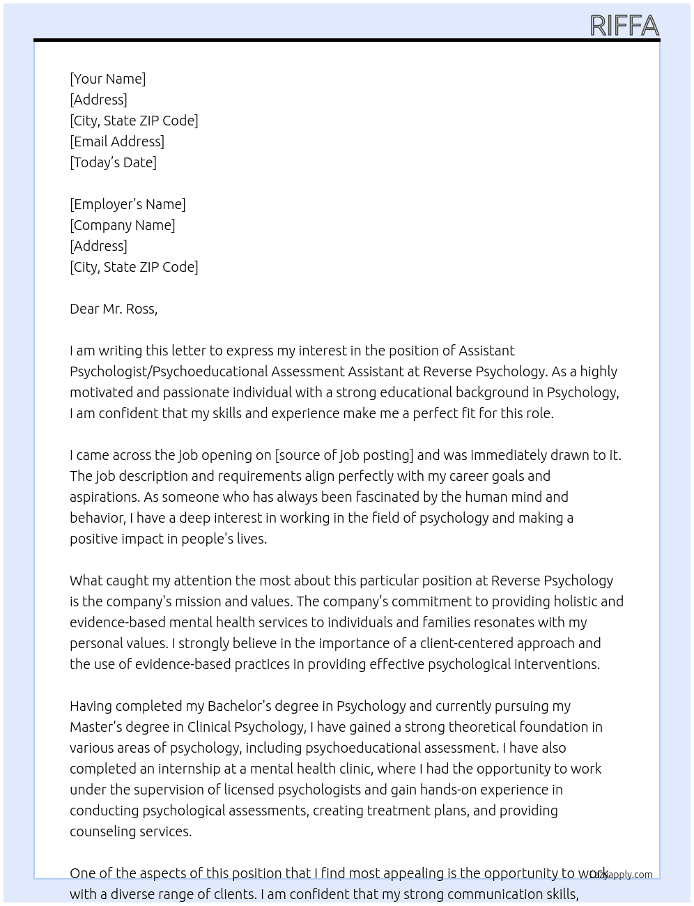 Assistant Psychologist/Psychoeducational Assessment Assistant At Reverse Psychology Cover Letter