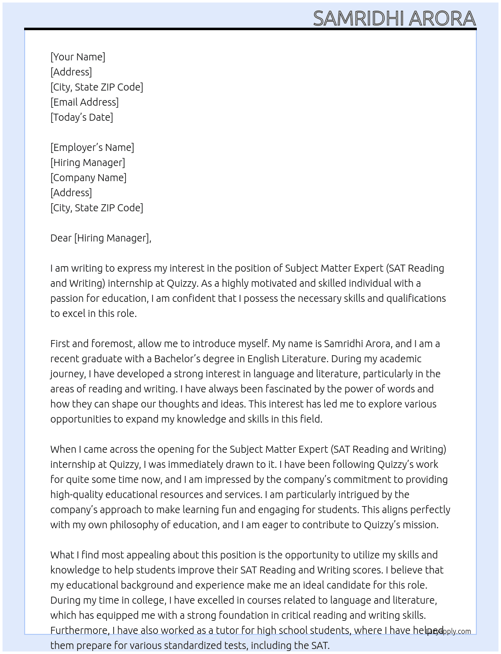 Applying for Subject Matter Expert (SAT Reading And Writing) internship At Quizzy Cover Letter