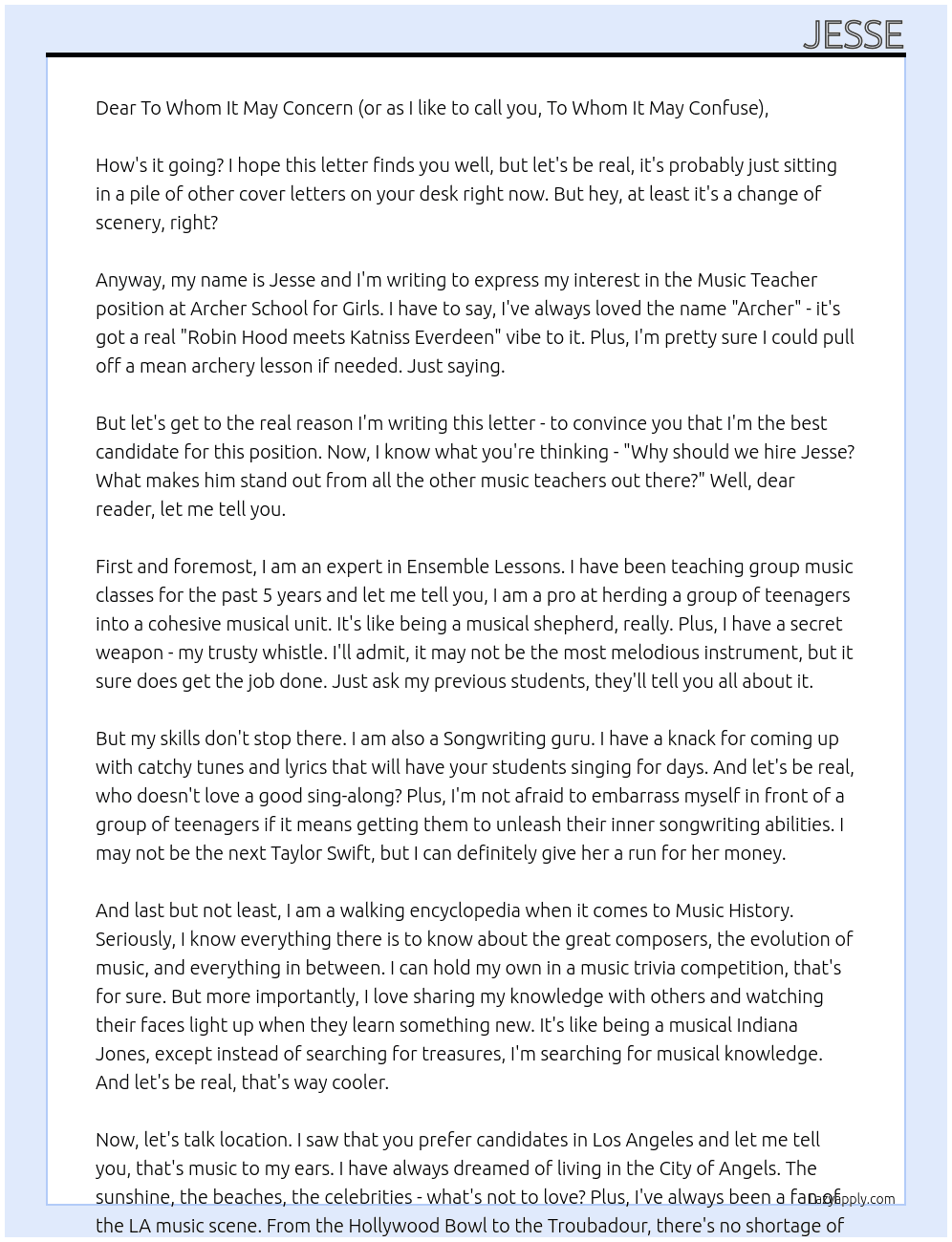 Music teacher  At Archer school for girls Cover Letter