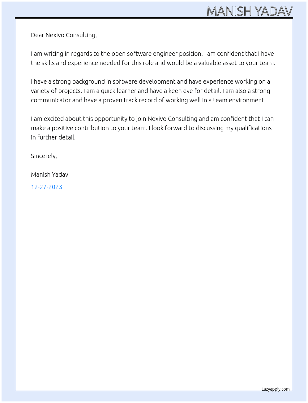 software engineer At Nexivo Cosulting Cover Letter