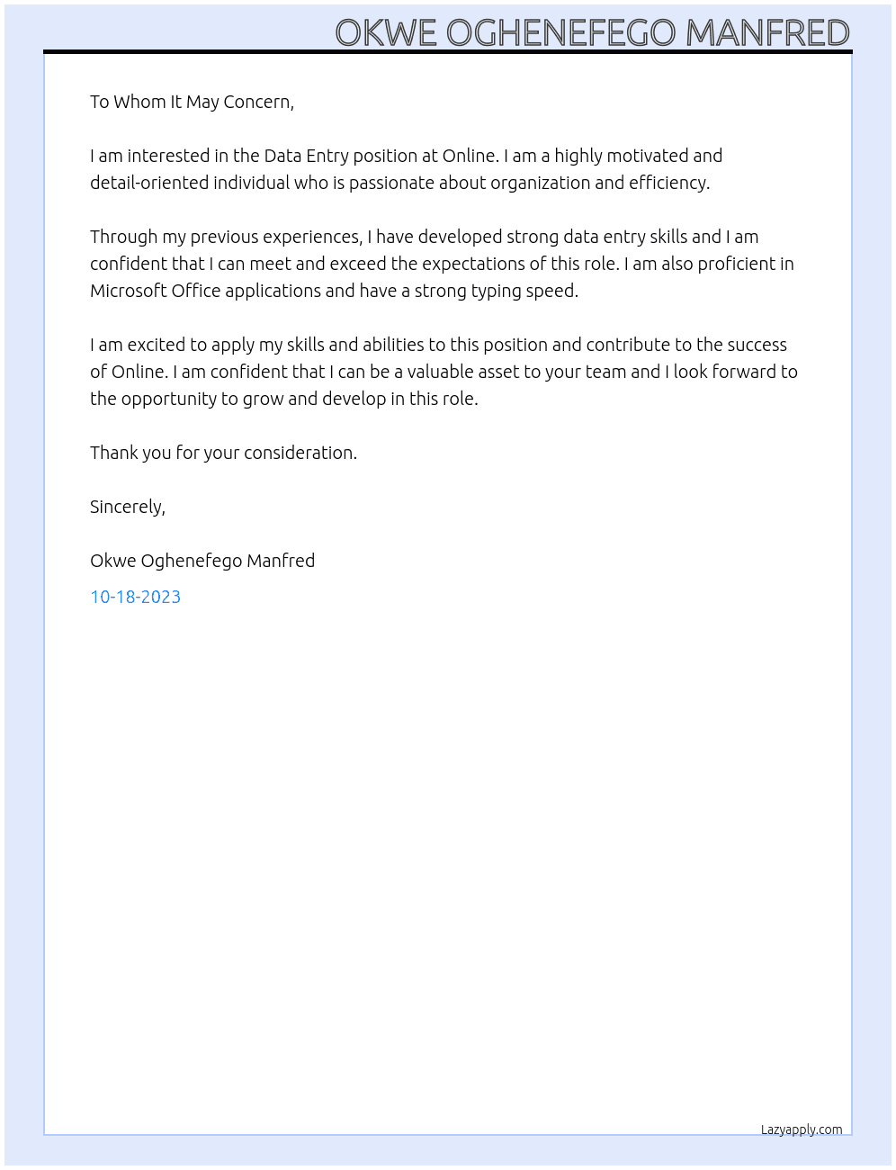 Data Entr At online Cover Letter