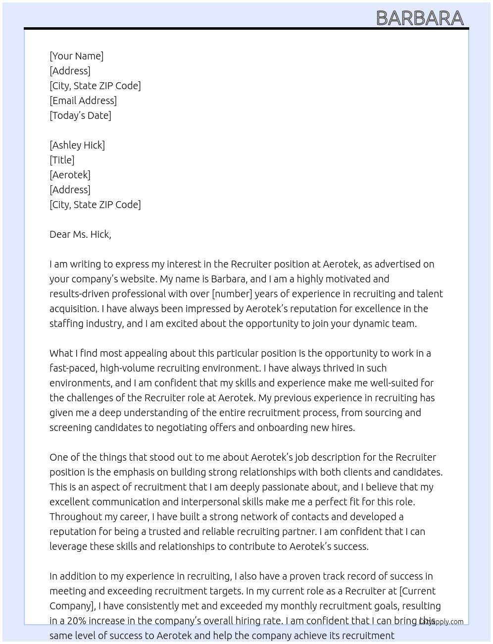 Recruiter At Aerotek Cover Letter