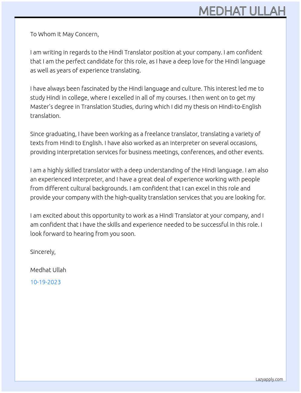hindi translator At hhjj Cover Letter