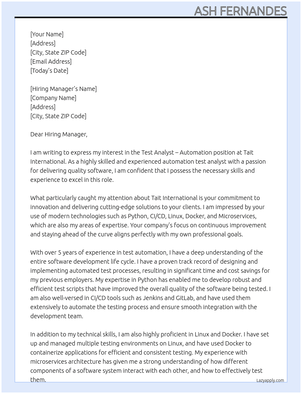 Test Analyst - Automation At Tait International Cover Letter