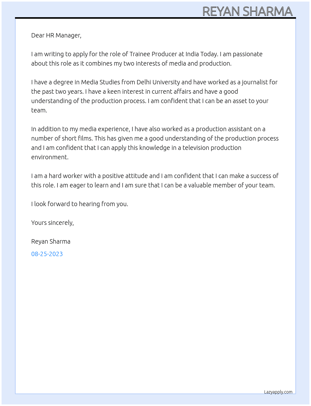 Trainee producer  At India Today  Cover Letter