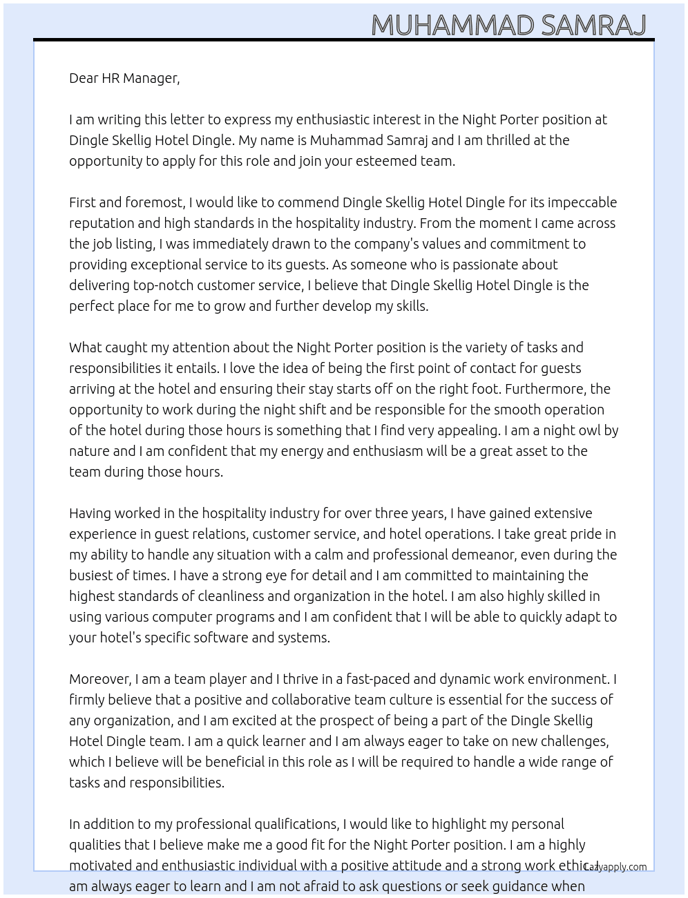 Night Porter At Dingle Skellig Hotel Dingle Cover Letter