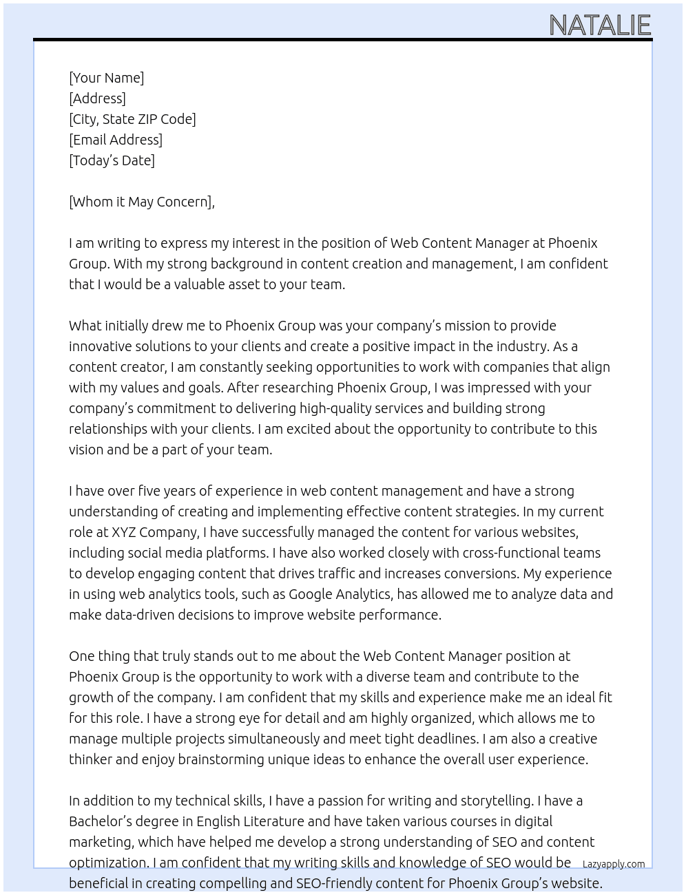 Web Content Manager At Phoenix Grop Cover Letter