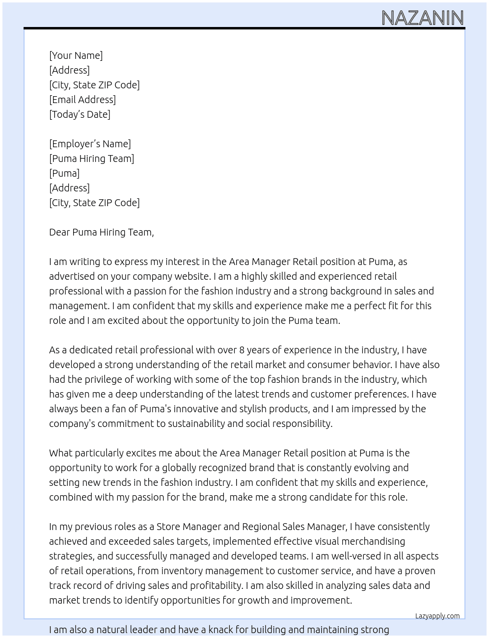 Area Manager Retail At Puma Cover Letter