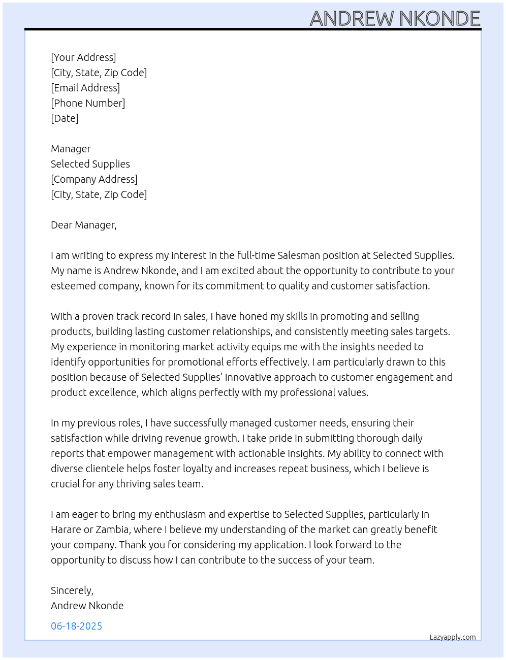 Salesman At Selected Supplies Cover Letter