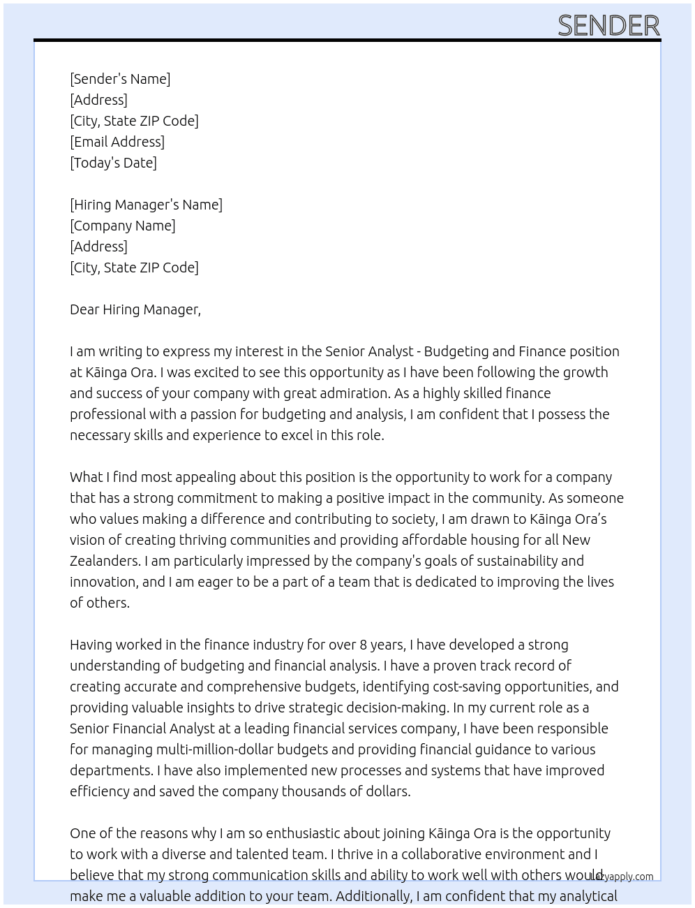 Senior Analyst - Budgeting and Finance At Kāinga Ora Cover Letter
