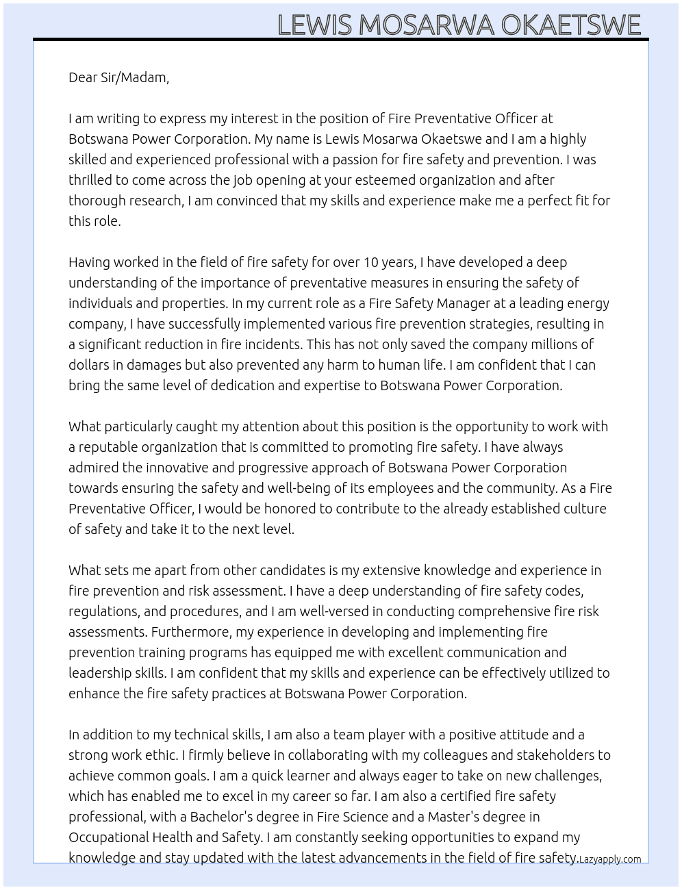 Fire preventative officer At Botswana Power corporation  Cover Letter