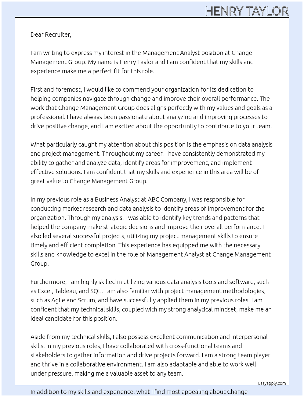 Management Anaylyst At Change Management Group Cover Letter