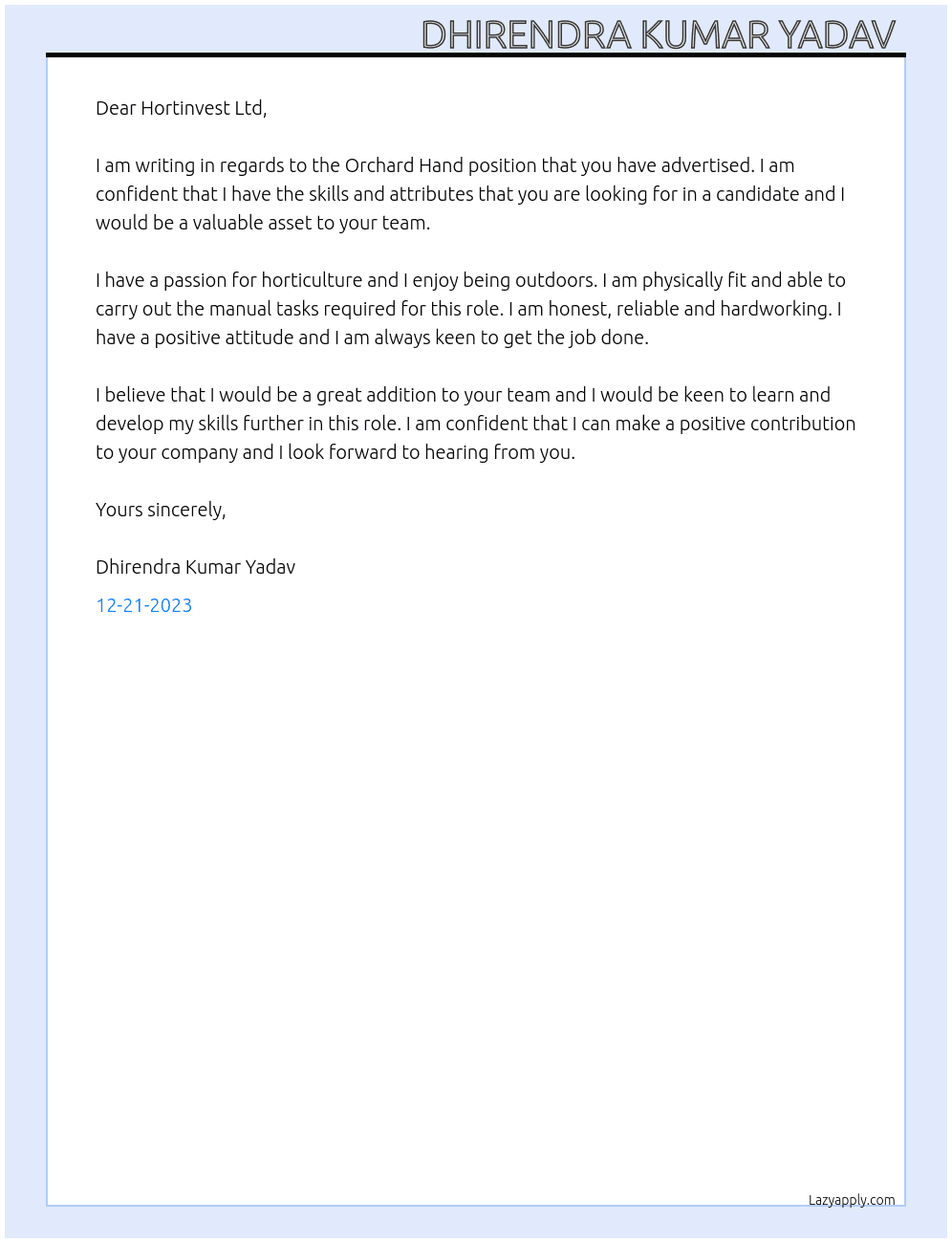 Orchard Hand At Hortinvest Ltd Cover Letter