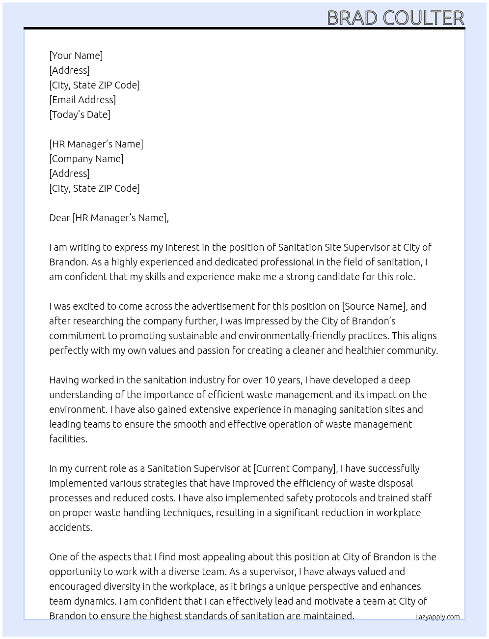 sanitation site supervisor At City Of Brandon Cover Letter