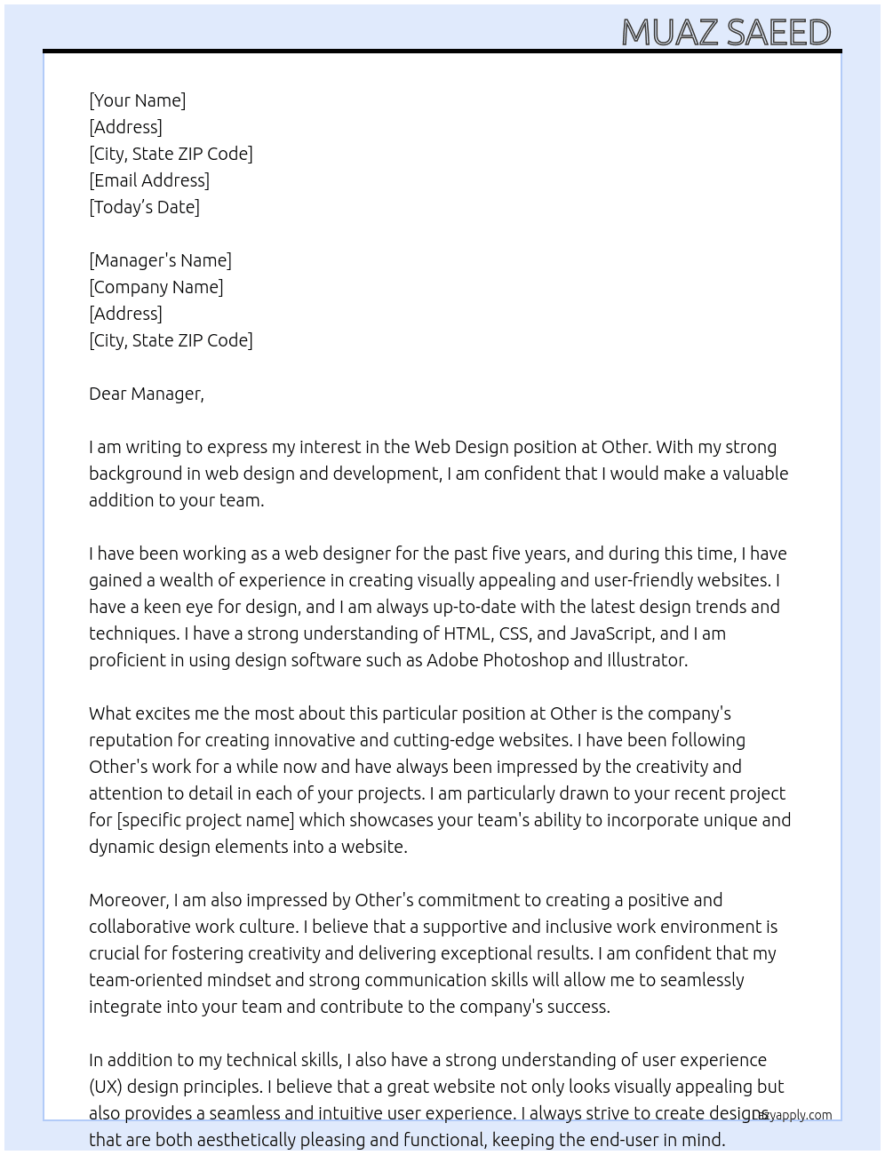 Web design  At Other  Cover Letter