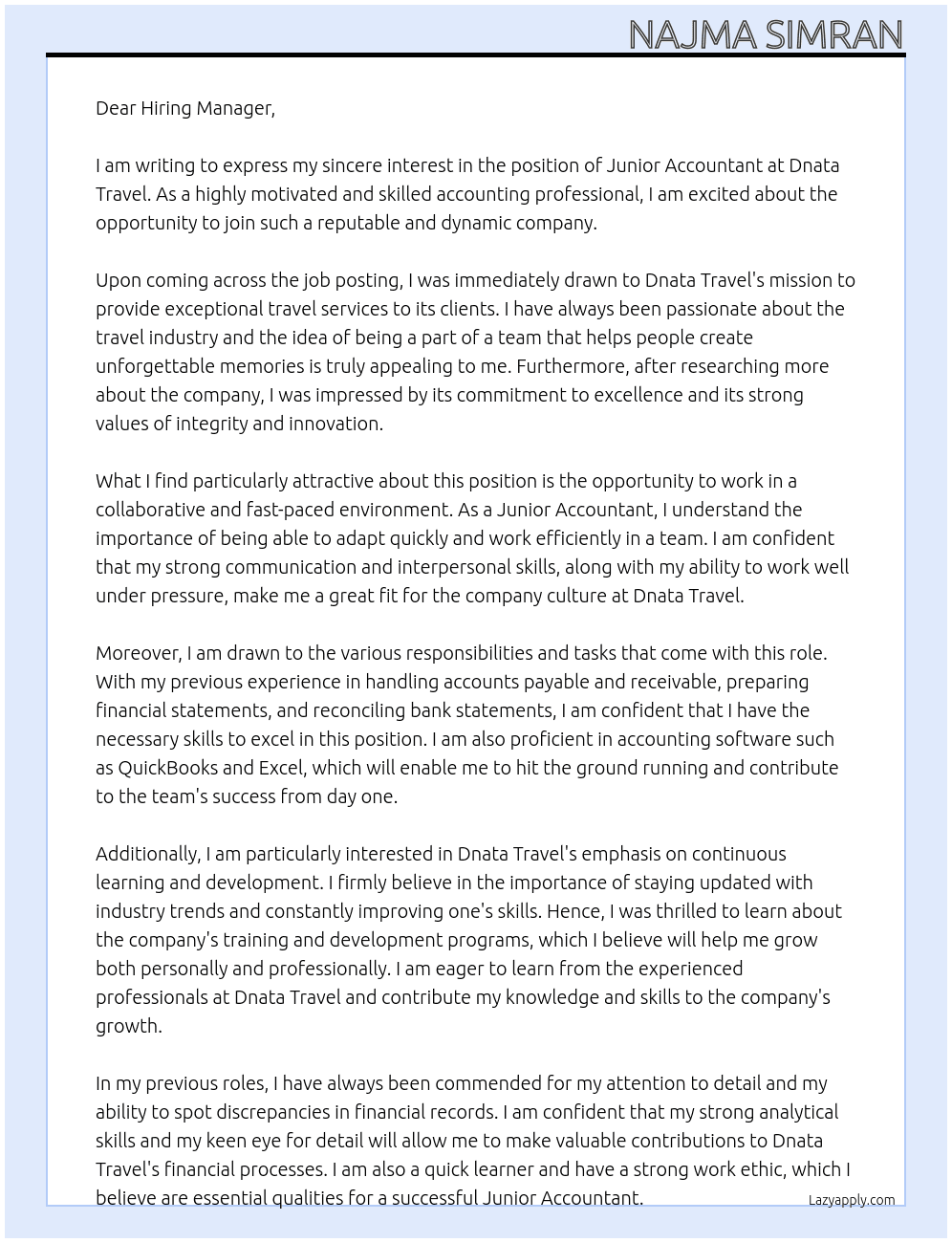 Junior accountant At Dnata Travel Cover Letter