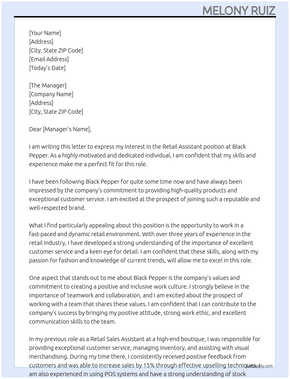 Retail Assistant At Black Pepper Cover Letter